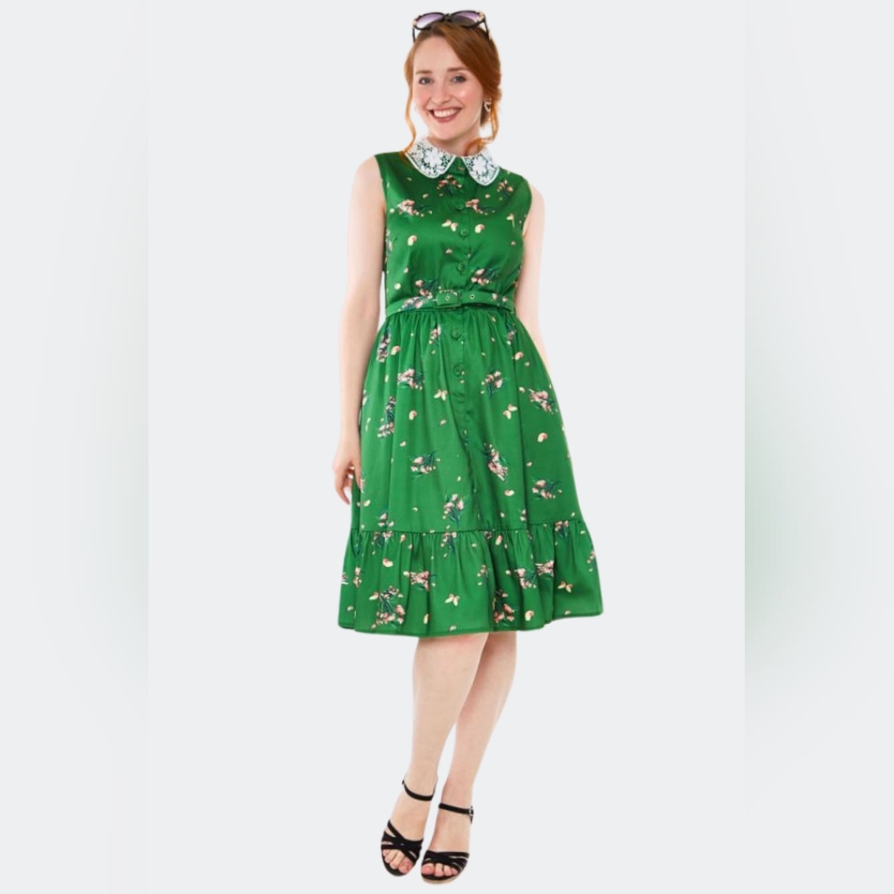 Voodoo Vixen Green Floral Sleeveless Flare Dress with Belt
